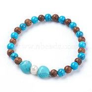 Synthetic Turquoise(Dyed) Stretch Bracelets, with Grade B Pearl Beads and Wood Beads, 2 inch(5.2cm)~2-1/8 inch(5.4cm)(BJEW-JB03747-01)