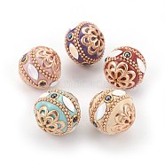 Handmade Indonesia Beads, with Metal Findings, Round with Flower, Light Gold, Mixed Color, 18.5~20.5x19~20mm, Hole: 1.5~1.6mm(IPDL-E012-09)