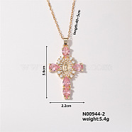 Elegant Vintage Corss with Virgin Mary Brass Micro Pave Cubic Zirconia Pendant Necklaces, Cable Chains Necklaces for Women, Pink, 15.75 inch(400mm)(XD2097-2)