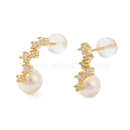 Sterling Silver Studs Earrings, with Natural Pearl,  Cubic Zirconia, Jewely for Women, Round, Real 18K Gold Plated, 20x12mm(EJEW-K273-09G)