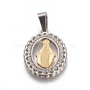 Religion Theme 304 Stainless Steel Pendants, with Crystal Rhinestone, Oval with Virgin Mary, Golden & Stainless Steel Color, 25x17x2mm, Hole: 7x4mm(STAS-I131-18B-GP)