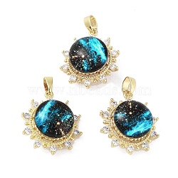 Rack Plating Brass Pave Clear Cubic Zirconia Pendants, Sun Charms with Epoxy Resin, Real 18K Gold Plated, Long-Lasting Plated, Cadmium Free & Lead Free, Cyan, 21x18x10mm, Hole: 2.5x4mm(KK-G482-08G)