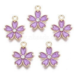 Alloy Enamel Pendants, with Crystal Rhinestone, Cadmium Free & Lead Free, Light Gold, Flower, Medium Orchid, 16.5x14x3mm, Hole: 1.6mm(ENAM-N054-57-RS)