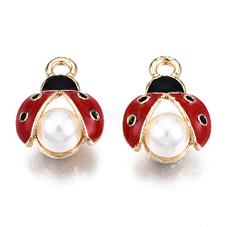 Alloy Pendants, with Enamel and ABS Plastic Imitation Pearl Bead, Cadmium Free & Lead Free, Light Gold, Ladybug, Red, 15x11.5x7mm, Hole: 2mm(ENAM-S119-092-RS)