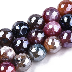 Electroplate Natural Agate Beads Strands, Dyed, Faceted, Pearl Luster Plated, Round, Colorful, 10.5mm, Hole: 1.2mm, about 36~37pcs/strand, 14.37 inch~14.57 inch(36.5cm~37cm)(G-T131-55-05)