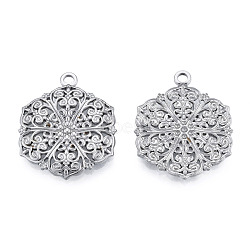 201 Stainless Steel Pendants, Hexagon with Flower, Stainless Steel Color, 28.5x23x2.5mm, Hole: 2mm(STAS-N098-206P)