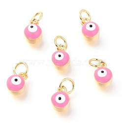 Brass Enamel Pendants, Long-Lasting Plated, Real 18K Gold Plated, with Jump Rings, Column with Evil Eye, Pink, 8x5.5x4.5mm,Jump Ring: 5x0.6mm, 3mm inner diameter(KK-Y001-02A-02G)