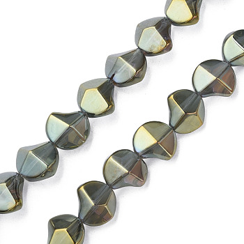 Electroplate Glass Beads Strands, Pearl Luster Plated, Twist, Dark Olive Green, 13x13.5x9mm, Hole: 1.2mm, about 45Pcs/strand, 23.23 inch(59cm)
