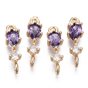Brass Micro Pave Cubic Zirconia Links Connectors, with Glass, Long-Lasting Plated, Light Gold, Teardrop, Violet, 17x5x3.5mm, Hole: 1.5mm