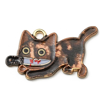 Printed Alloy Pendants, with Enamel, Golden, Cadmium Free & Nickel Free & Lead Free, Cat with Knife Shape Charms, Coconut Brown, 17x29x1.5mm, Hole: 2mm