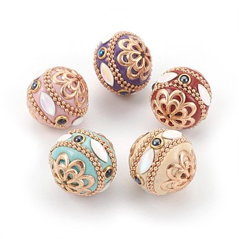 Handmade Indonesia Beads, with Metal Findings, Round with Flower, Light Gold, Mixed Color, 18.5~20.5x19~20mm, Hole: 1.5~1.6mm