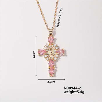 Elegant Vintage Corss with Virgin Mary Brass Micro Pave Cubic Zirconia Pendant Necklaces, Cable Chains Necklaces for Women, Pink, 15.75 inch(400mm)