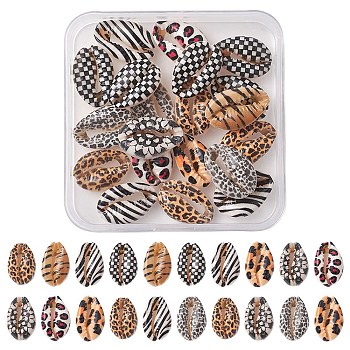 Printed Natural Cowrie Shell Beads, No Hole/Undrilled, Tartan/Leopard Print/Zebra Pattern, Mixed Color, 18~22x13~14x6~8mm, 20pcs/box