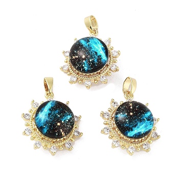 Rack Plating Brass Pave Clear Cubic Zirconia Pendants, Sun Charms with Epoxy Resin, Real 18K Gold Plated, Long-Lasting Plated, Cadmium Free & Lead Free, Cyan, 21x18x10mm, Hole: 2.5x4mm