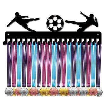 Iron Medal Holder Frame, Medals Display Hanger Rack, 20 Hooks, with Screws, Rectangle with Human and Football Pattren, Electrophoresis Black, 13.4x40cm