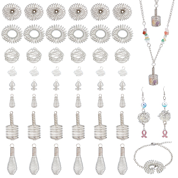 Elite 40Pcs 5 Style Hollow Iron & 24Pcs 3 Style Alloy Wire Bead Cage Pendants, Spiral Bead Cage, Teardrop & Spiral & Ring & Round, Platinum, 14~37x9.5~12mm, Hole: 2~11mm, 8pcs/style