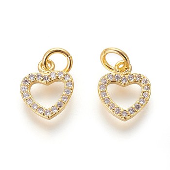 Brass Micro Pave Cubic Zirconia Charms, Lead Free & Cadmium Free, Clear, Heart, Golden, 10.5x9x2mm, Hole: 3mm
