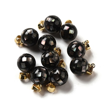 Natural Black Lip Shell Dyed Round Charms, with Golden Plated Brass Snap on Bails, Black, 14x10mm, Hole: 4.5x4mm
