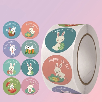 8 Patterns Round Dot Easter Theme Paper Self-adhesive Rabbit Stickers, for Gift Sealing Decor, Mixed Color, Sticker: 25mm, 500pcs/roll