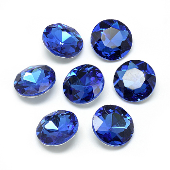 Pointed Back Glass Rhinestone Cabochons, Back Plated, Faceted, Flat Round, Cornflower Blue, 10x4.5~5mm
