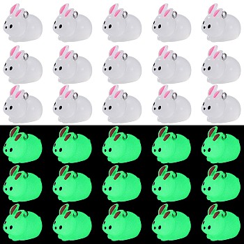 30Pcs Luminous Translucent Resin Pendants, Rabbit Charms, Glow in the Dark, with Platinum Plated 304 Stainless Steel Loops, White, 19x24.5x16mm, Hole: 2mm
