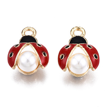 Alloy Pendants, with Enamel and ABS Plastic Imitation Pearl Bead, Cadmium Free & Lead Free, Light Gold, Ladybug, Red, 15x11.5x7mm, Hole: 2mm