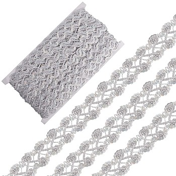 13M Metallic Braided Lace Trim, Flower Decorative Ribbon with Sequins, for Craft Sewing, Garment Accessories, Silver, 25x1.5mm, about 14.22 Yards(13m)/Card