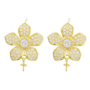 925 Sterling Silver with Cubic Zirconia Stud Earrings Findings, Flower, Real 18K Gold Plated, 20mm, Pin: 0.6mm