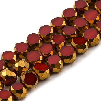 Electroplate Glass Beads Strands, with Golden Plated Edge, Faceted Flat Round, FireBrick, 4x2.5mm, Hole: 1mm, about 70pcs/strand, 20.87 inch(53cm)