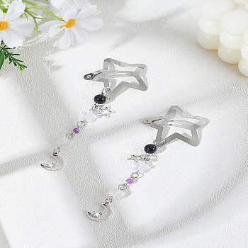 2Pcs Star Alloy & Acrylic & Iron Snap Hair Clips, Tassel Hair Accessories for Women Girls, Platinum, 123mm