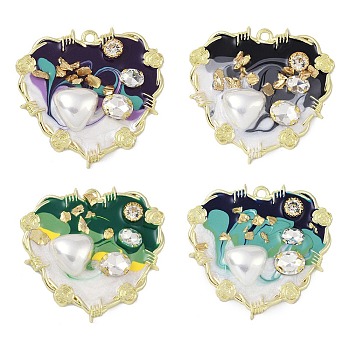 Rack Plating Alloy Enamel Pendants, with Resin, ABS Imitation Pearl Beads, Rhinestone and Glass Beads, Cadmium Free & Nickel Free & Lead Free, Heart, Mixed Color, 47x48.5x8mm, Hole: 2.5mm