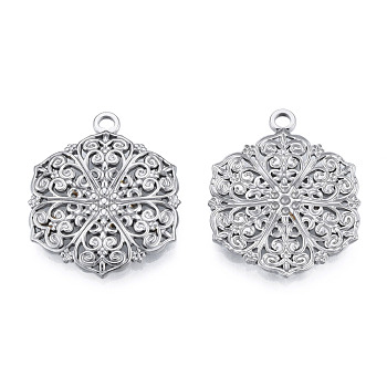 201 Stainless Steel Pendants, Hexagon with Flower, Stainless Steel Color, 28.5x23x2.5mm, Hole: 2mm
