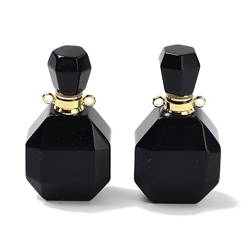 Natural Obsidian Perfume Bottle Pendants, Faceted Bottle Charms with Golden Tone 304 Stainless Steel Findings, Cadmium Free & Lead Free, 36~37x20~20.5x13.5~15mm, Hole: 1.8mm
