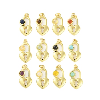 Natural & Synthetic Mixed Gemstone Pendants, 304 Stainless Steel Heart Lock Charms with Jump Rings, Real 18K Gold Plated, 23x12x4mm, Hole: 2.5mm