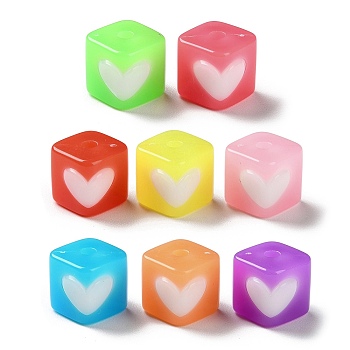 Two Tone Opaque Acrylic Beads, Imitation Jelly, Cube with Heart, Mixed Color, 11.5x12.5x12.5mm, Hole: 2.8mm, about 290pcs/500g