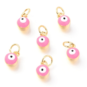 Brass Enamel Pendants, Long-Lasting Plated, Real 18K Gold Plated, with Jump Rings, Column with Evil Eye, Pink, 8x5.5x4.5mm,Jump Ring: 5x0.6mm, 3mm inner diameter