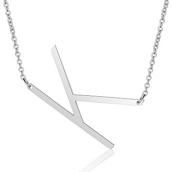 201 Stainless Steel Initial Pendants Necklaces, with Cable Chains, Letter, Letter.K, 17.3~18.3 inch(44~46.5cm)x1.5mm, LetterK: 37.5x21x1mm