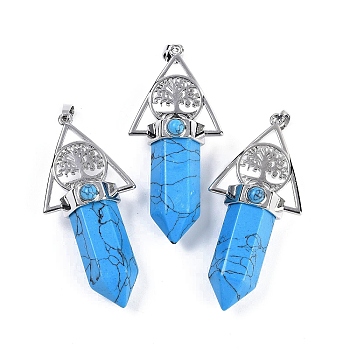 Dyed Synthetic Turquoise Faceted Pointed Bullet Big Pendants, Rack Plating Brass Tree of Life Triangle Charms, Platinum, Lead Free & Cadmium Free, 56~57x26.5~27x16.5~17mm, Hole: 6x4mm