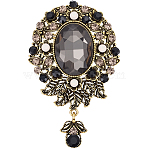 1Pc Teardrop Retro Alloy Rhinestone Brooches for Women, Oval with Women, Antique Golden, Jet, 71x44.5mm(JEWB-SP0001-17A)