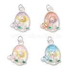 Alloy Enamel Pendants, Oval with Flower & Butterfly, with 304 Stainless Steel Jump Rings, Imitation Pearl, Silver, Mixed Color, 19x15x4.5mm, Hole: 3mm, 4pcs/set(PALLOY-JF04631)