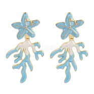 Coral with Starfish Enamel Stud Earrings, Earrings Front and Back, Golden, Green, 35x19mm(EJEW-M005-05A-01)