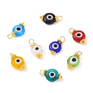 Handmade Evil Eye Lampwork Charms, with Brass Eye Pin and Tibetan Style Alloy Spacer Beads, Flat Round, Mixed Color, 14.5x8x3.5mm, Hole: 2.4mm(PALLOY-JF00539)