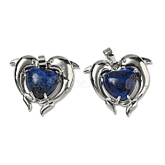 Dyed Natural Lapis Lazuli Heart Pendants, Rack Plating Brass Dolphin Charms, Platinum, Cadmium Free & Lead Free, 29x32.5x8.5mm, Hole: 8x5mm(G-M434-02P-23)