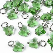 Faceted Transparent Glass Charms, with Iron Jump Ring, Butterfly, Light Green, 13~14x9.8x6mm, Hole: 4mm(GLAA-T024-06G)