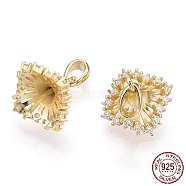 925 Sterling Silver Micro Pave Cubic Zirconia Peg Bails, Flower Cup Peg Bails, For Half Drilled Beads, Nickel Free, with S925 Stamp, Real 18K Gold Plated, 15.5x9.5x9.5mm, Hole: 2x3mm, Pin: 0.7mm(STER-T004-53G)