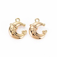 Brass Pendants, Nickel Free, Sleeping Moon with Hat & Heart, Real 18K Gold Plated, 20x16.5x6mm, Hole: 2mm(KK-S364-074)