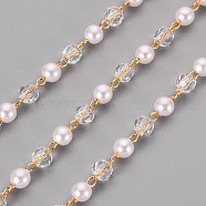 Handmade ABS Plastic Imitation Pearl Beads Beaded Chains, with Cubic Zirconia and Brass Findings, Soldered, Spool, Real 18K Gold Plated, 4mm, about 16.4 Feet(5m)/roll(CHC-S012-050)