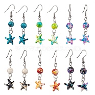 304 Stainless Steel Dangle Earring, with Starfish Synthetic Turquoise, Mixed Color, 48~51x13~14.5mm, 6pair/set(EJEW-JE05950)