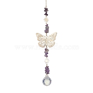 Butterfly Brass Pendant Decorations, with Glass Pendants and Amethyst Beads, 315mm(HJEW-TA00131-02)