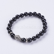 Natural Black Agate Beads Stretch Bracelets, with Alloy Finding, Buddha's Head, Dyed, 2-1/8 inch(55mm)(BJEW-E325-D16)